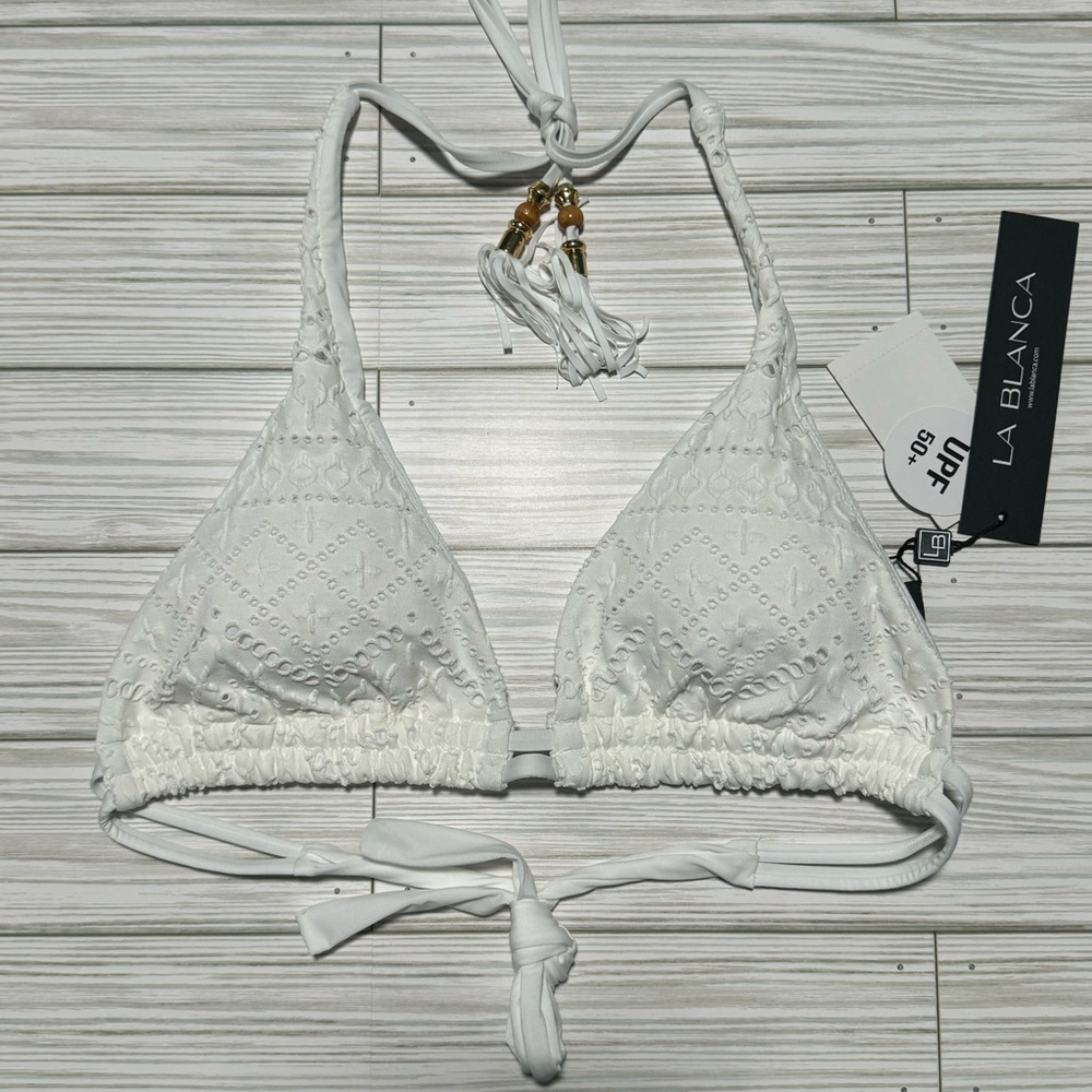 NEW La Blanca Women's Halter Bikini Swimsuit Top Crochet White Saltwater Sands